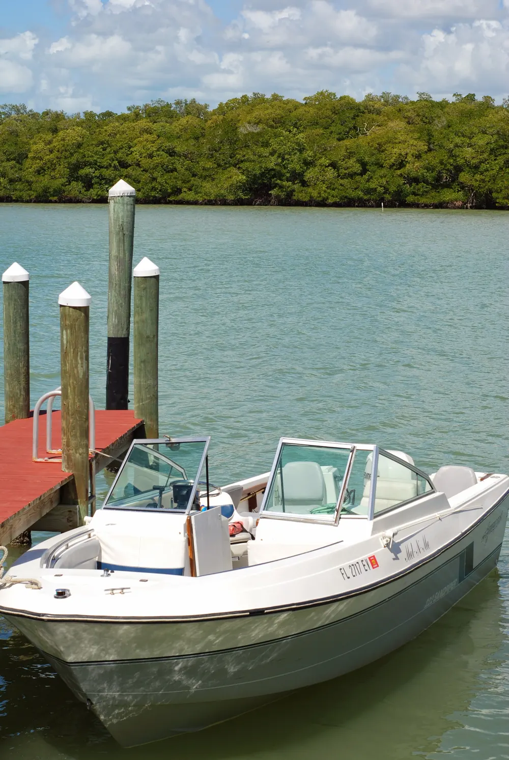 Boat docked among the mangroves in Goodland, Florida